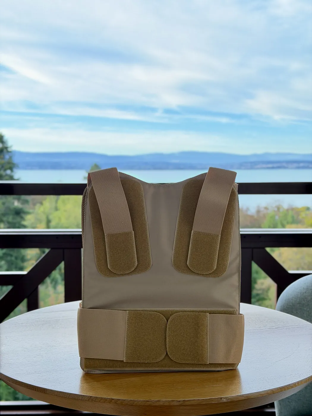Beige VEP LITE steht auf einem Tisch vor einem See