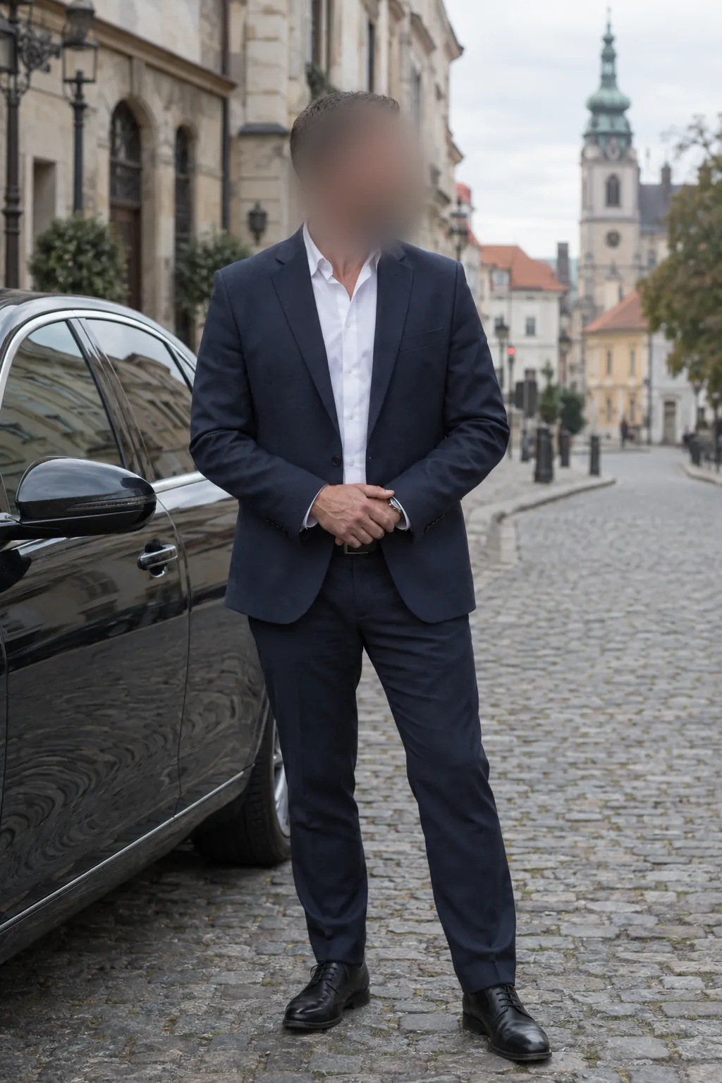 Personenschützer im Anzug mit weißem Hemd neben einer Limousine in einer Altstadtgasse, Gesicht unkenntlich