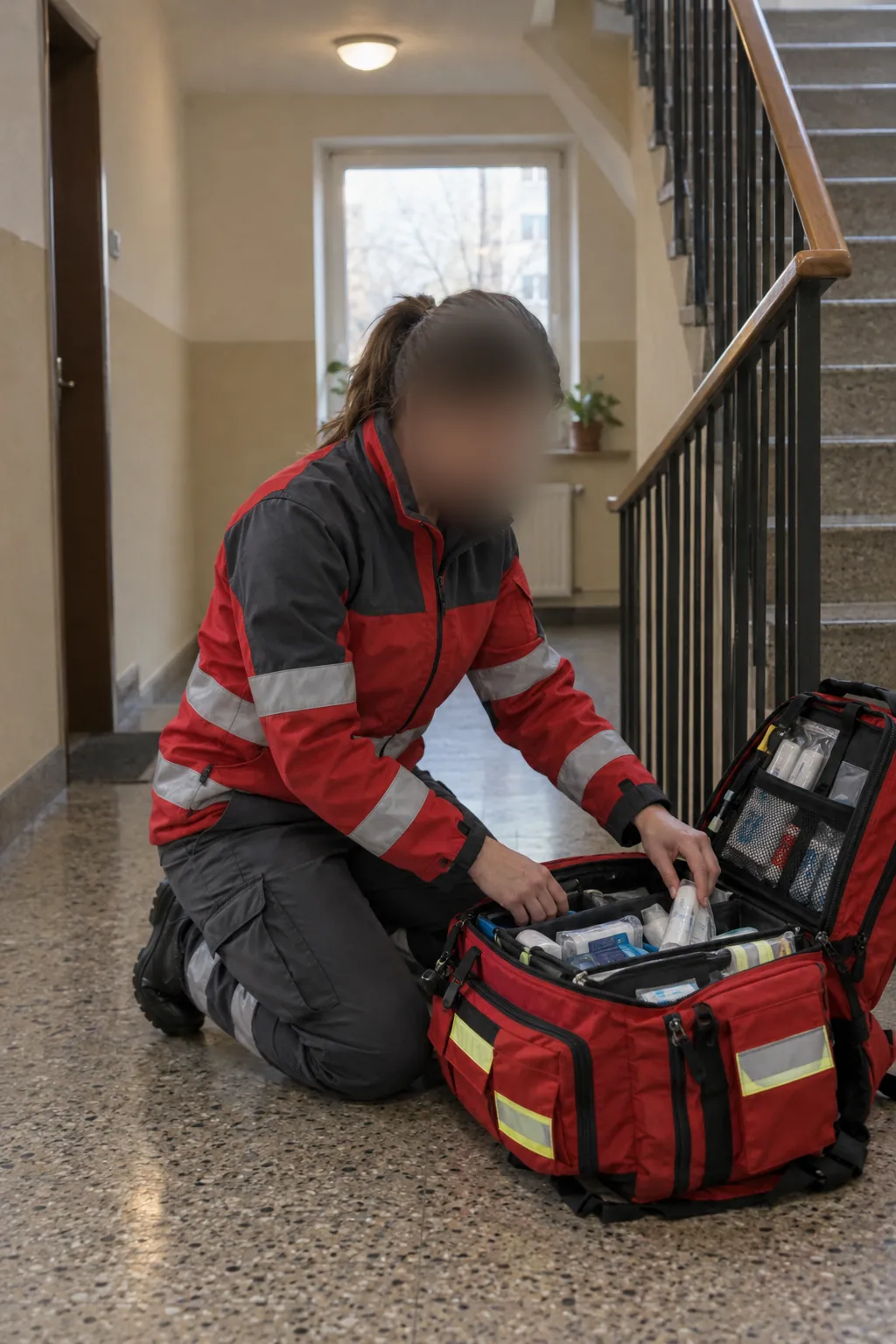 Sanitäterin kniet im Stiegenhaus neben einem geöffneten Notfallrucksack, Gesicht unkenntlich