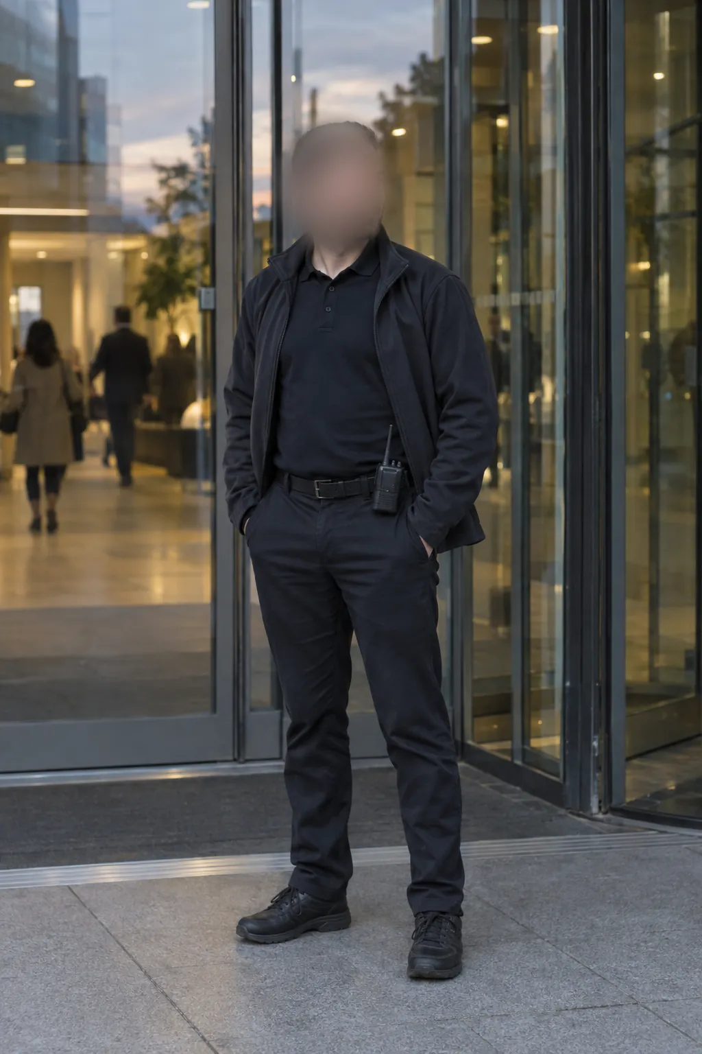 Sicherheitsmitarbeiter in Schwarz vor einem Gebäudeeingang am Abend, Gesicht unkenntlich