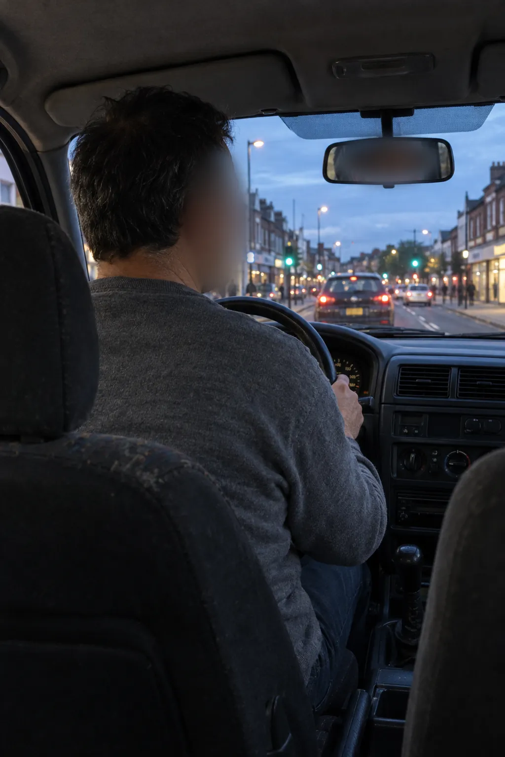 Taxifahrer am Steuer in der Dämmerung, Blick von der Rückbank, Gesicht unkenntlich